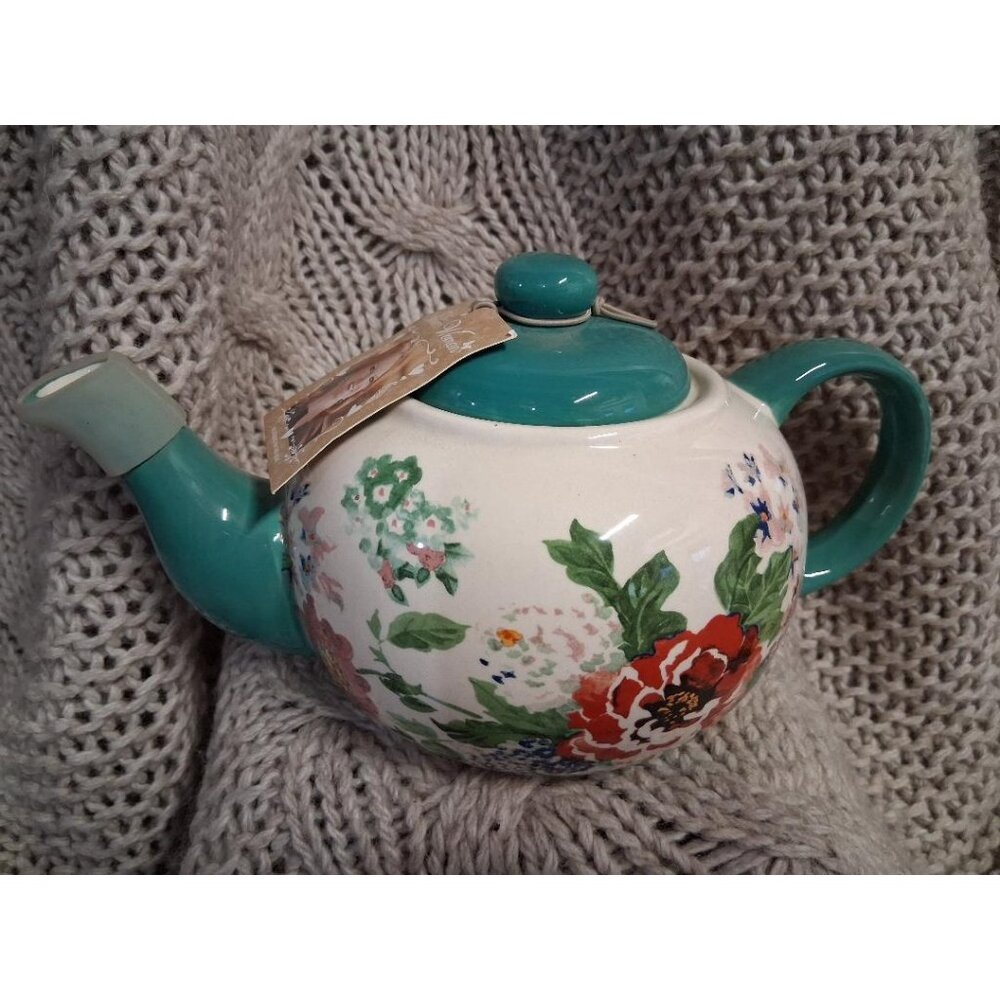 The Pioneer Woman Floral Ceramic Teapot W/Turquoise Lid & Handle 5 Cup Capacity